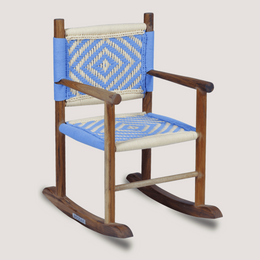 Wooden rocking chair with blue and beige woven seat and backrest