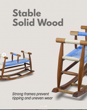 Wooden rocking chair with blue cushion