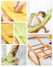 Collage of a child reading a book on a green cushioned chair