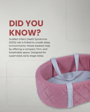 Pink Moses basket with text about Sudden Infant Death Syndrome