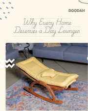 Yellow day lounger on a patterned rug with text about home decor